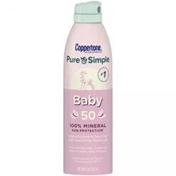 Coppertone Pure And Simple Baby Sunscreen Spray SPF 50, Zinc Oxide Mineral Sunscreen For Babies, Toddler Sunscreen, Water Resistant, Broad Spectrum SPF 50 Sunscreen, 5 Oz Spray Sunscreen