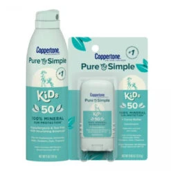 Coppertone Pure & Simple Kids Sunscreen SPF 50 Multi Pack, Kids Zinc Oxide Mineral Sunscreen Spray & Kids Sunscreen Stick, Sunscreen For Face, (5 Oz +.49 Oz)