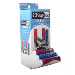 Chap-Ice® | Assorted 24-Count Lip Balm With Sunscreen | Made In USA, Includes Gravity Feed Display Box | 24 Sticks (0.15oz/4.25g Each), 2 Flavors - Cherry (SPF-4) And Moisture (SPF-15)