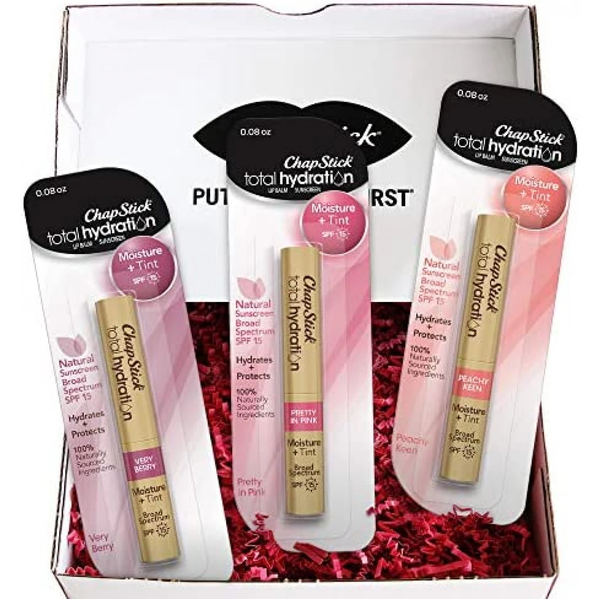 ChapStick Total Hydration Moisture Plus Tint Plus SPF, Tinted Lip Balm Collection With Natural Sunscreen In Very Berry, Pretty In Pink And Peachy Keen, 3 Tubes 0.08 Oz 3 ChapStick Total Hydration Moisture Plus Tint Plus SPF, Tinted Lip Balm Collection With Natural Sunscreen In Very Berry, Pretty In Pink And Peachy Keen, 3 Tubes 0.08 Oz