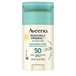 Aveeno Positively Mineral SPF 50 Sunscreen Stick For Sensitive Skin, 100% Zinc Oxide, Sweat- & Water-Resistant Face And Body Sunscreen Stick, Fragrance-Free, Travel Size, 1.5 Oz