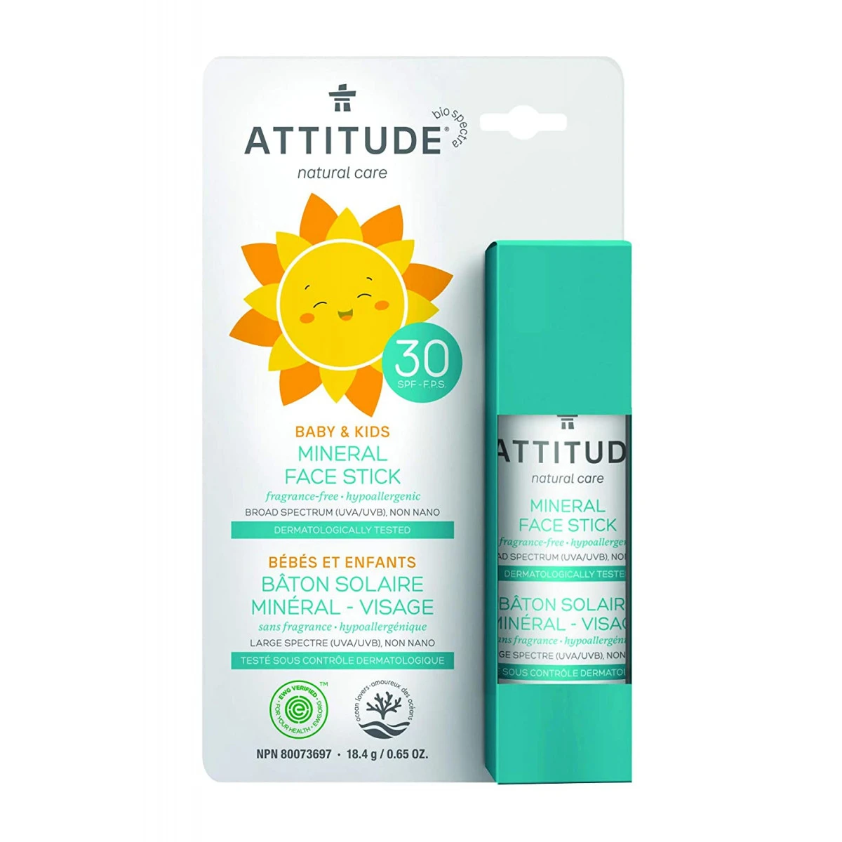 ATTITUDE Natural Care, Hypoallergenic 100% Mineral Face Sunscreen Stick, SPF 30, Fragrance Free, 0.65 Oz 3 ATTITUDE Natural Care, Hypoallergenic 100% Mineral Face Sunscreen Stick, SPF 30, Fragrance Free, 0.65 Oz