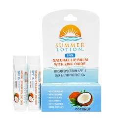 Summer Lotion - Natural Lip Balm With Zinc Oxide Sunblock, SPF 15 Lip Sunscreen, Coconut, (2-Pack)