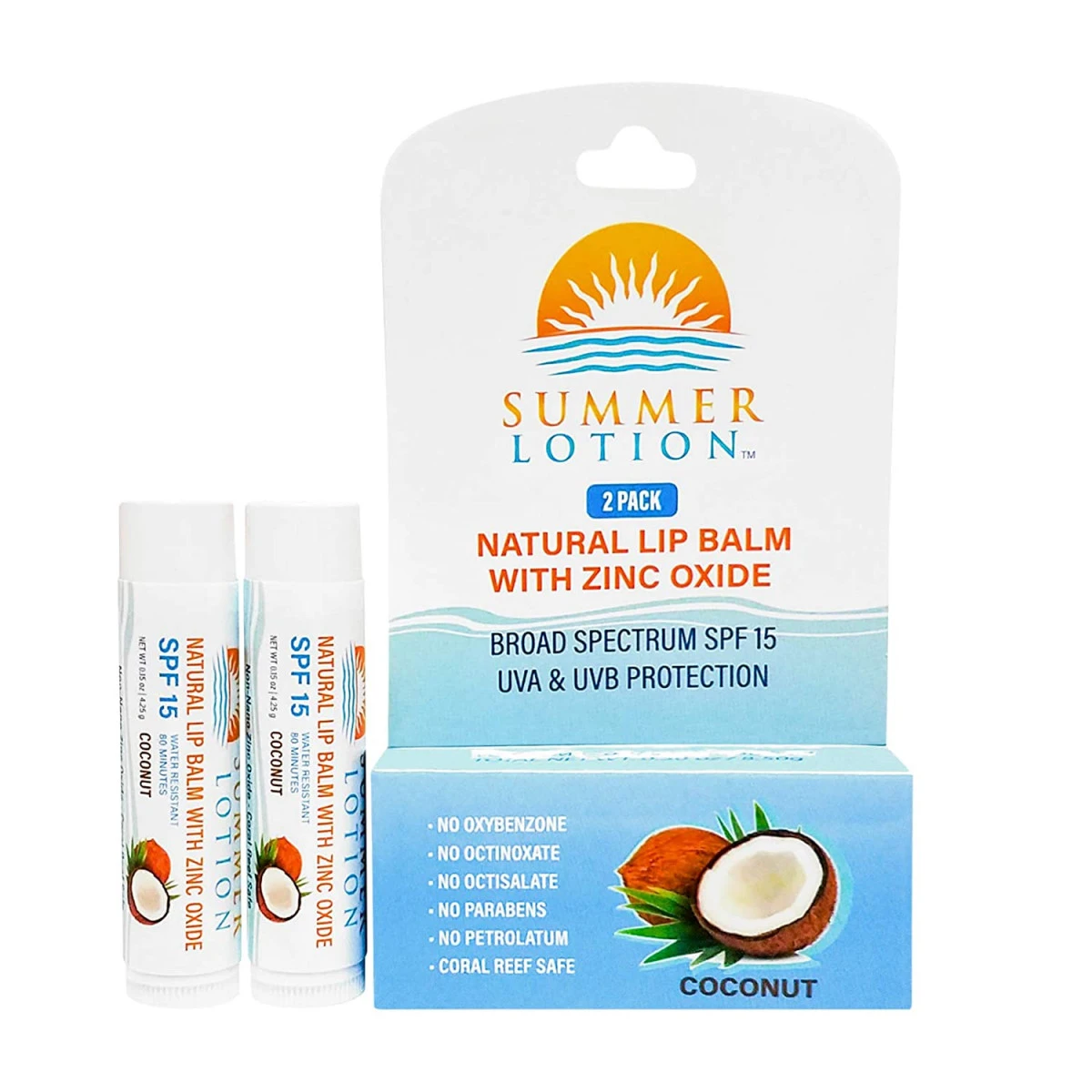 Summer Lotion - Natural Lip Balm With Zinc Oxide Sunblock, SPF 15 Lip Sunscreen, Coconut, (2-Pack) 3 Summer Lotion - Natural Lip Balm With Zinc Oxide Sunblock, SPF 15 Lip Sunscreen, Coconut, (2-Pack)
